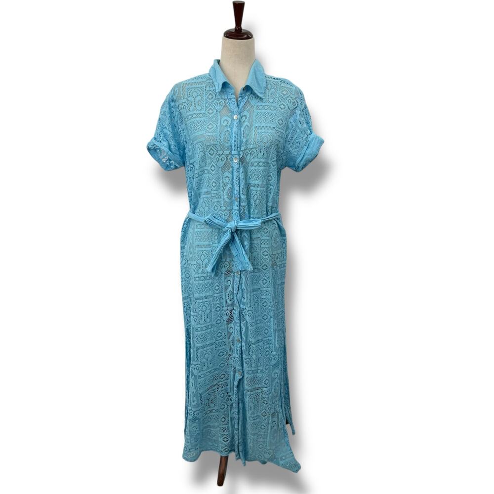 Becca Light Blue Collard Swimsuit Coverup Dress Large Cotton Guaze Lace Sheer - Picture 2 of 12